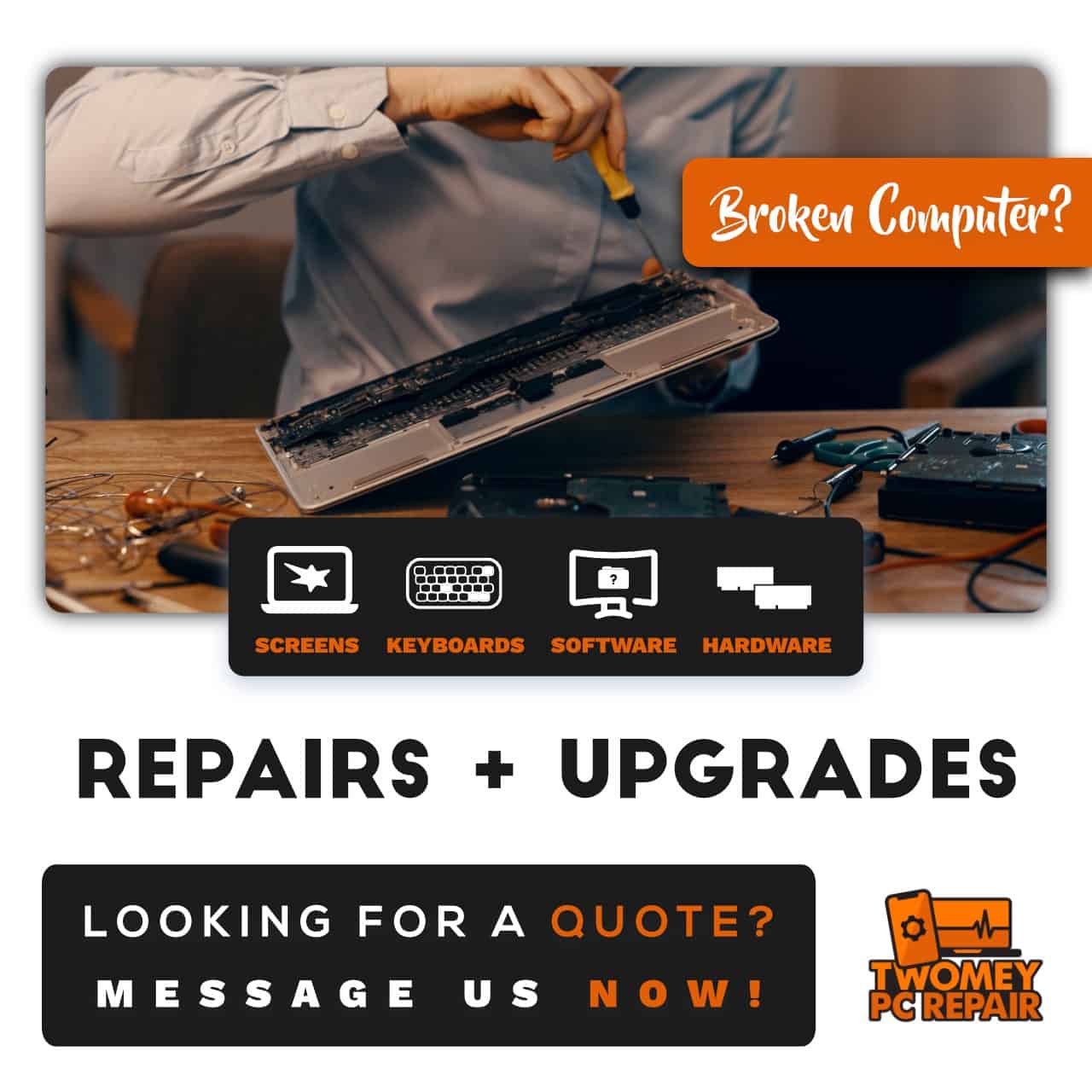 A man is working on a computer with the text repair and upgrades looking for a quote for computer repair.