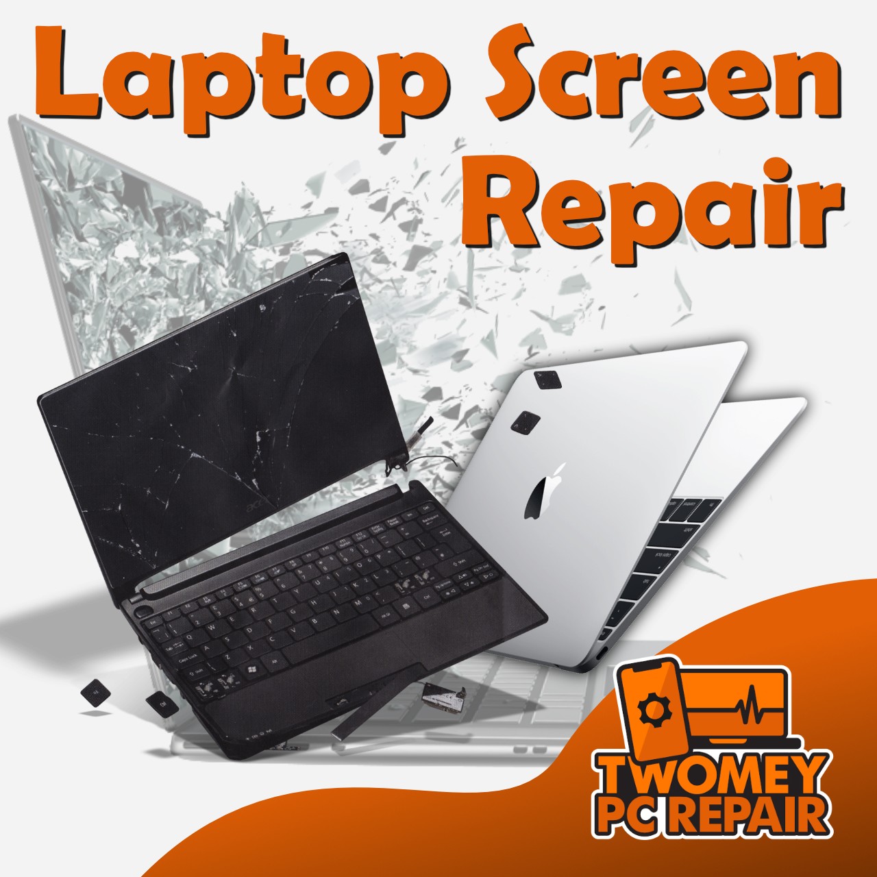 A laptop screen repair with the words laptop screen repair.