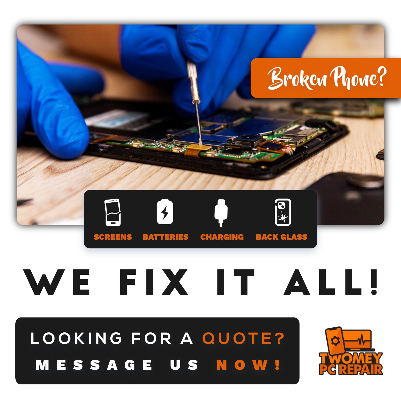 A broken cellphone with the text "we fix it all" looking for a quote on cellphone repair.