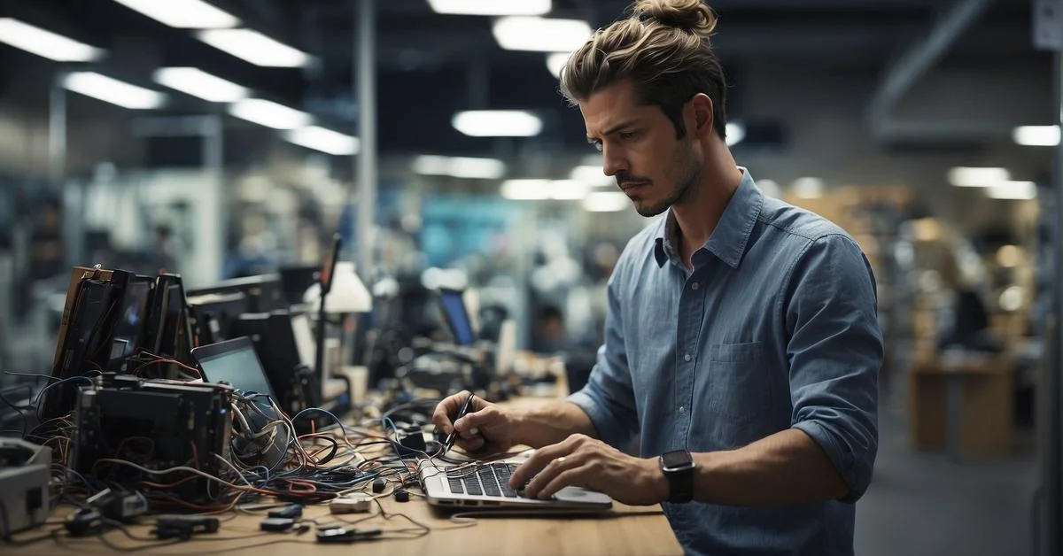 An expert working on a laptop in a factory, providing true solutions for phone repair.