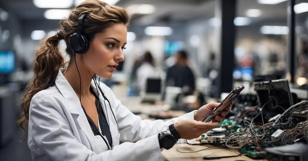 An expert woman in a lab with headphones diligently working on phone repair and delivering true solutions to electronic issues.