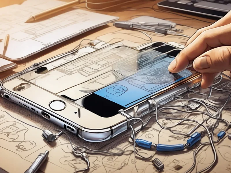 A hand interacts with a semi-transparent smartphone overlaying technical sketches and electronic components on a desk, hinting at cellphone repair.