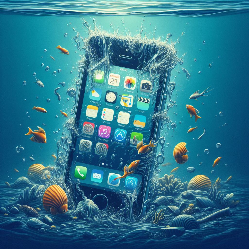 An iphone is floating in the water with fish and shells.