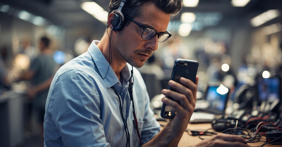 A man wearing headphones is using a cell phone in an office.