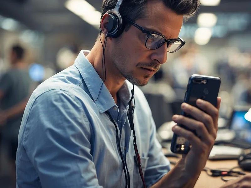 A man wearing glasses and headphones looks intently at a smartphone while sitting at a desk in a busy office environment, possibly contemplating the next big idea for website design.