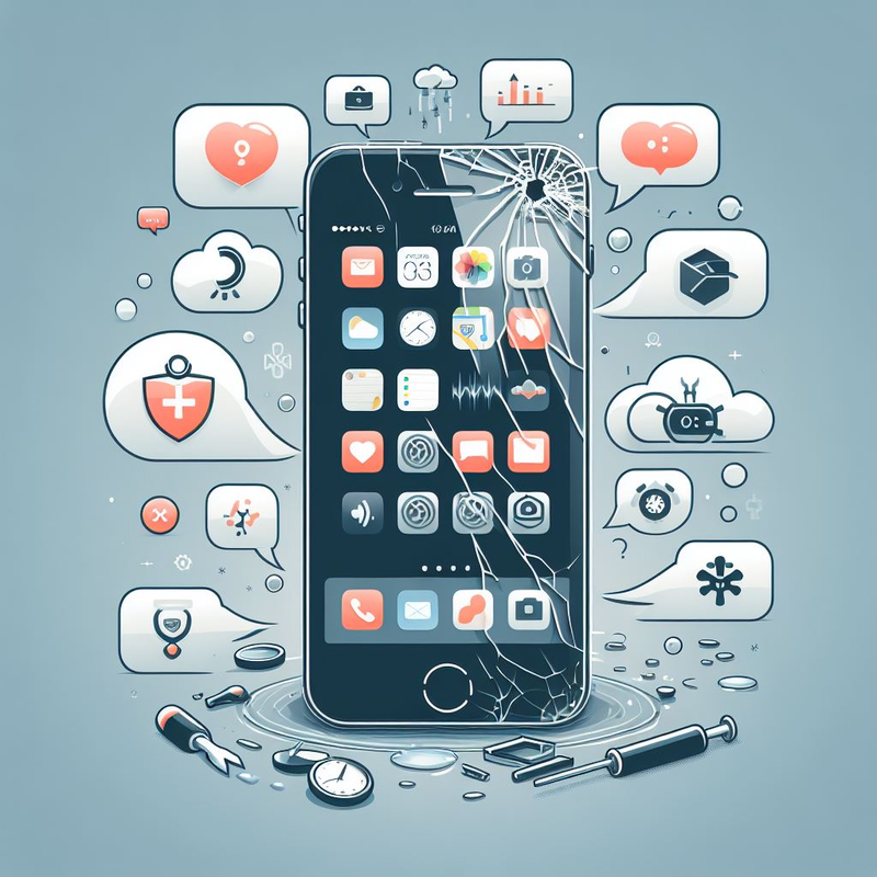 An illustration of a broken phone with icons surrounding it.