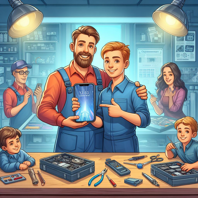 A cartoon illustration of a man and his son in a repair shop.