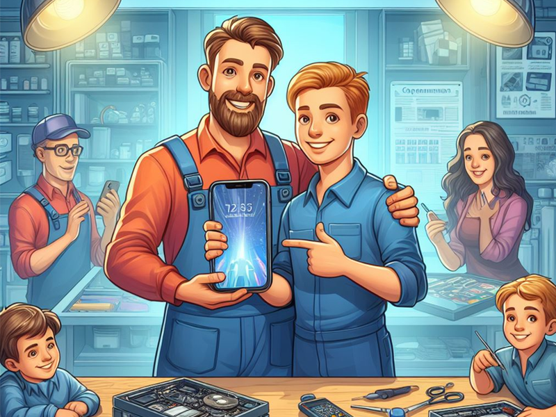 A cartoon illustration of a man and a woman in a repair shop.