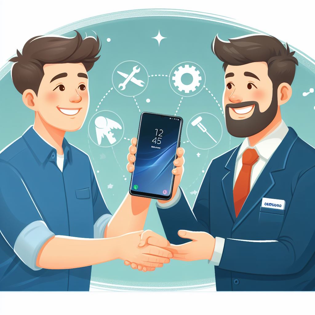 Two men shaking hands with a samsung galaxy s9 smartphone.