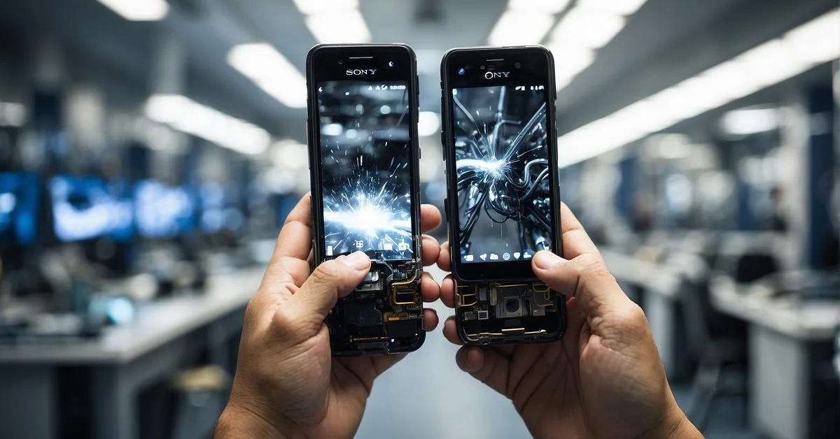 Two people holding up two smartphones in a Phone Repair lab.