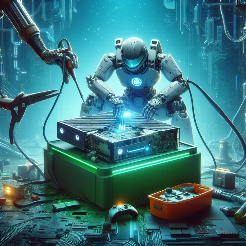 A robot is working on a computer in a futuristic setting.