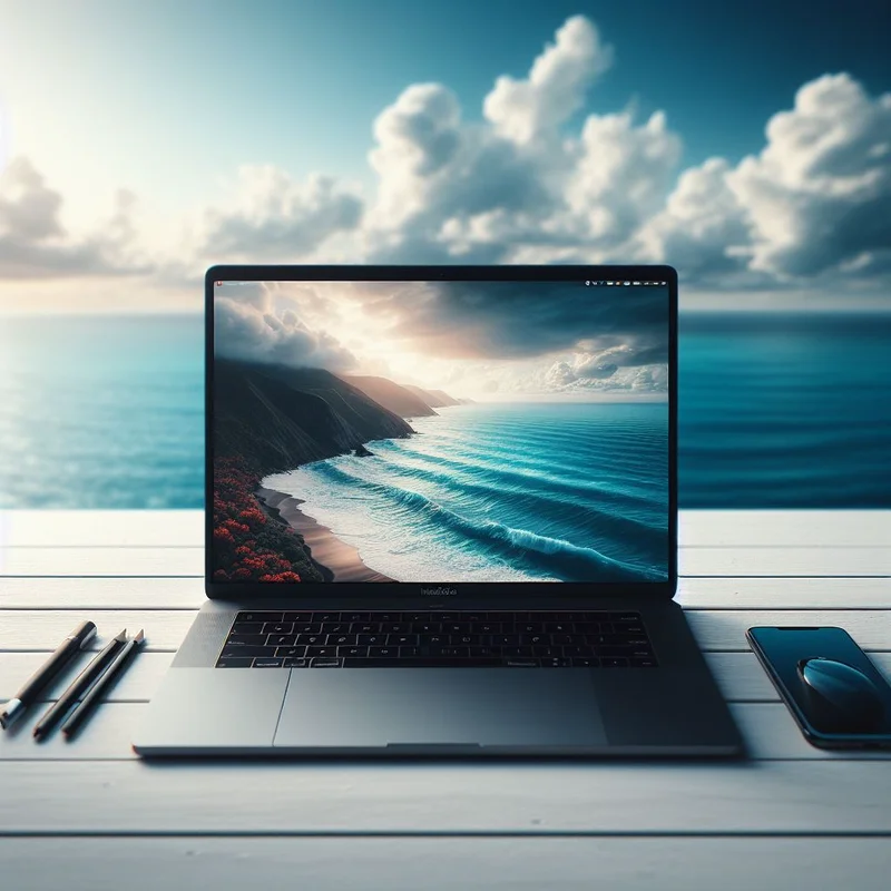 A laptop on a wooden table with a cool ocean view.