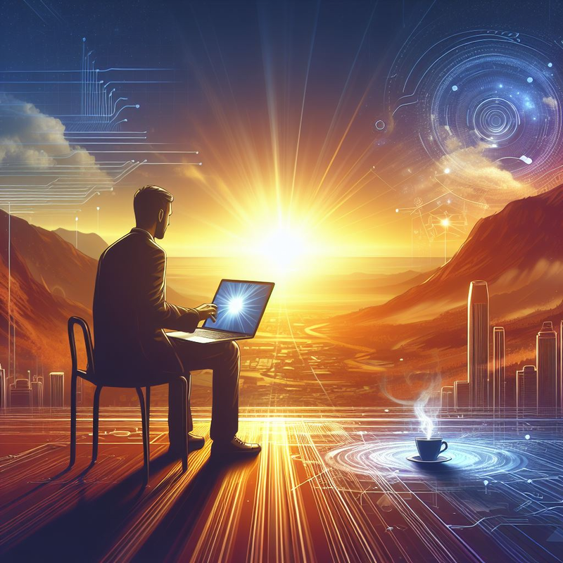 A man sitting on a chair with an overheating laptop in front of a sunset, seeking cool solutions.