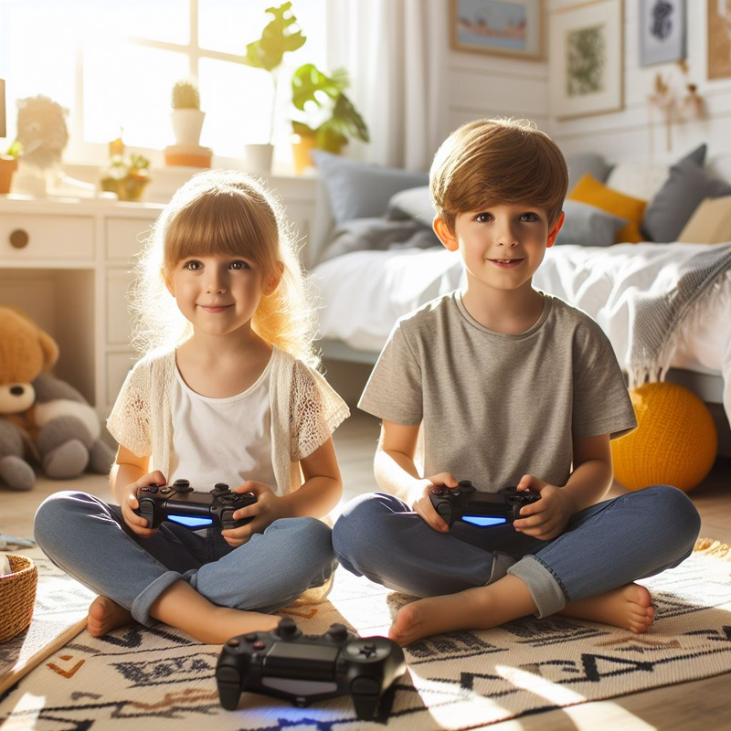 Two children sitting on the floor playing video games in Highland Arkansas.