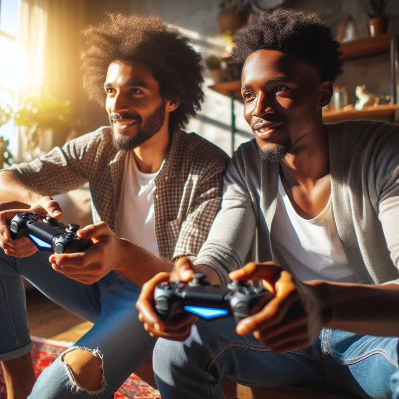 Two men playing video games in a living room in Highland.