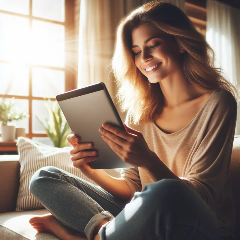 A young woman is sitting on a couch, using a tablet computer.