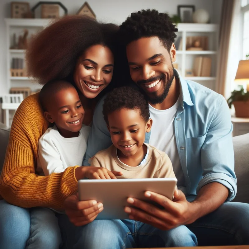 A family is sitting on a couch looking at a tablet.