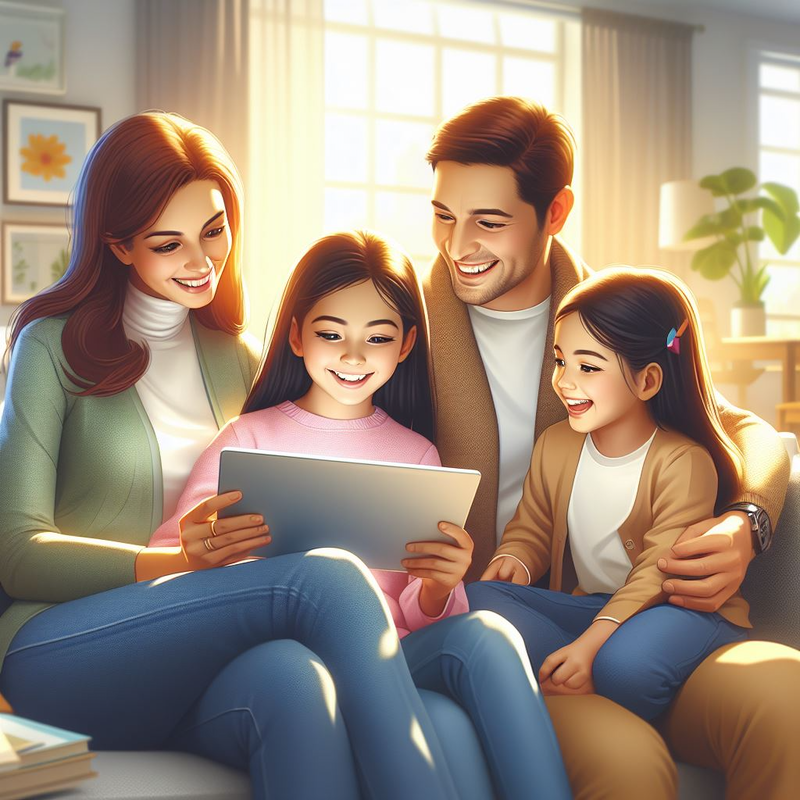 A family is seated on a couch using a tablet computer.