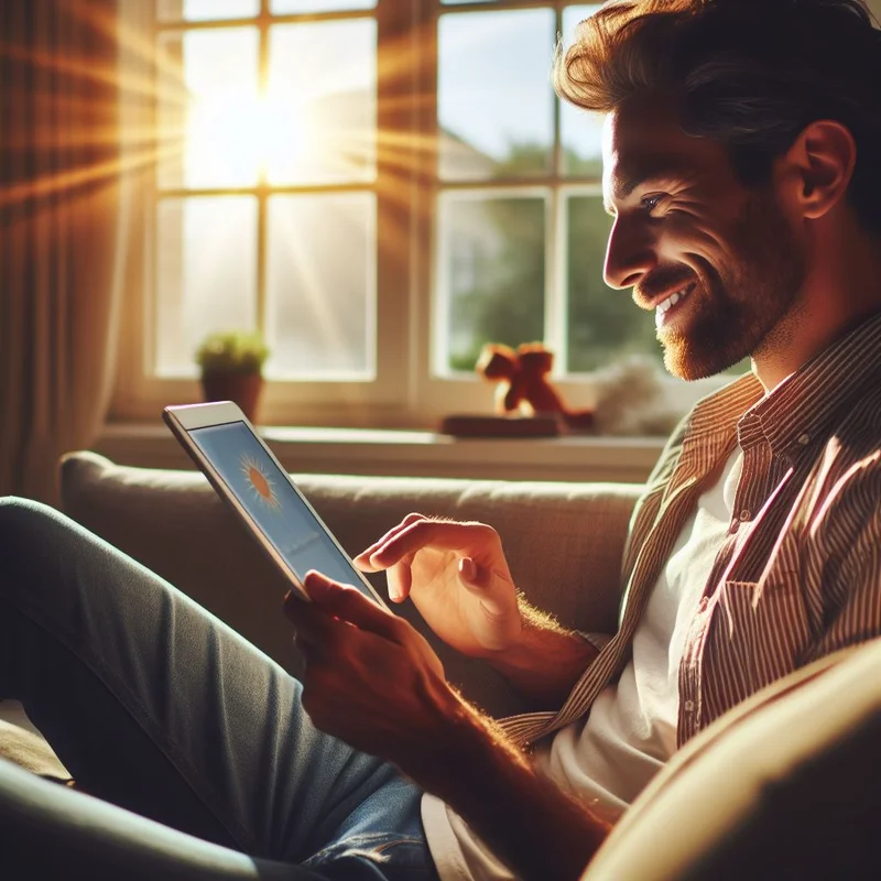 A man sitting on a couch using an iPad.