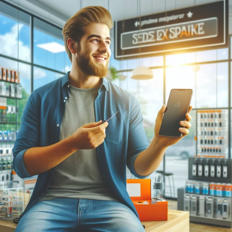 An expert is sitting in a store holding a smartphone.