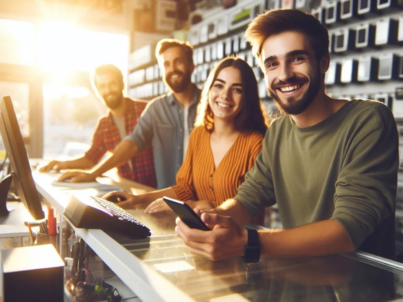 A group of people in a store looking at their phones.