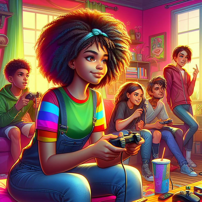A group of people playing video games in a living room.