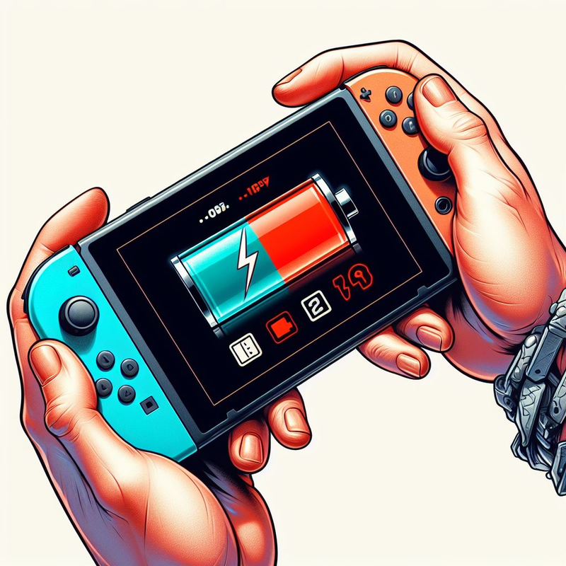 A hand holding a nintendo switch with a battery.