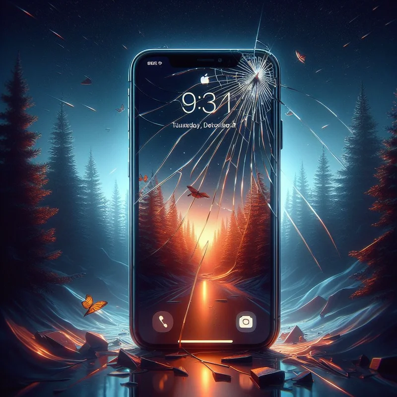 A smartphone with a cracked screen displays 9:31. The background features a surreal forest scene with vibrant colors and butterflies, hinting at the need for expert cellphone repair to restore its full beauty.