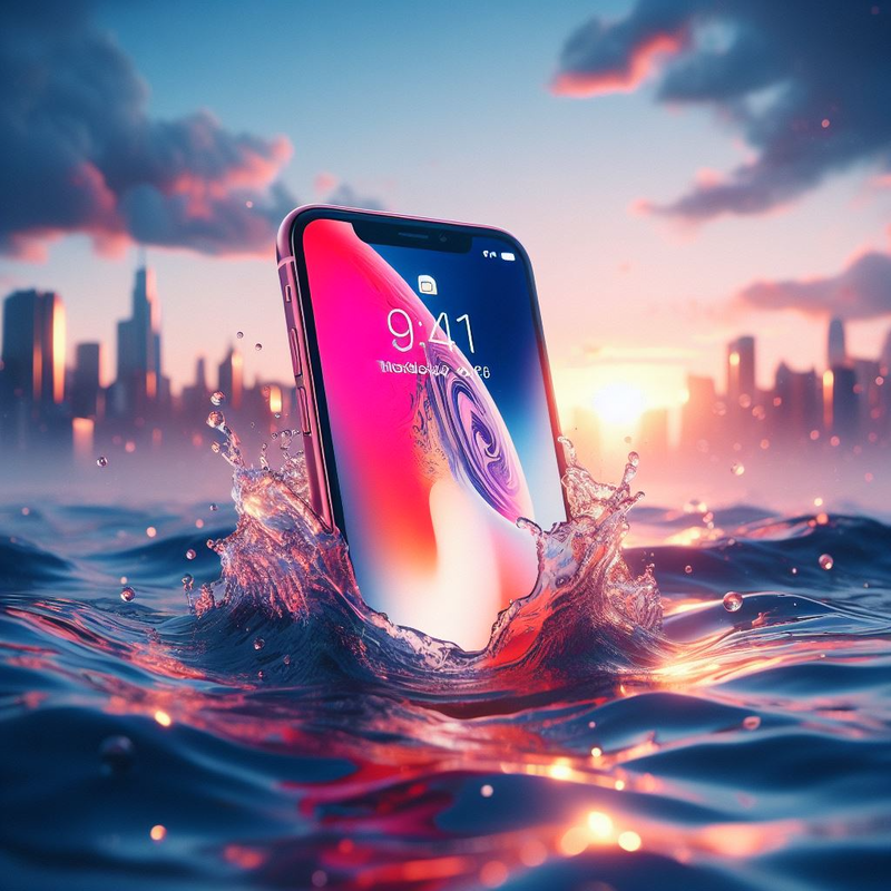 A waterlogged cell phone with a cityscape in the background.