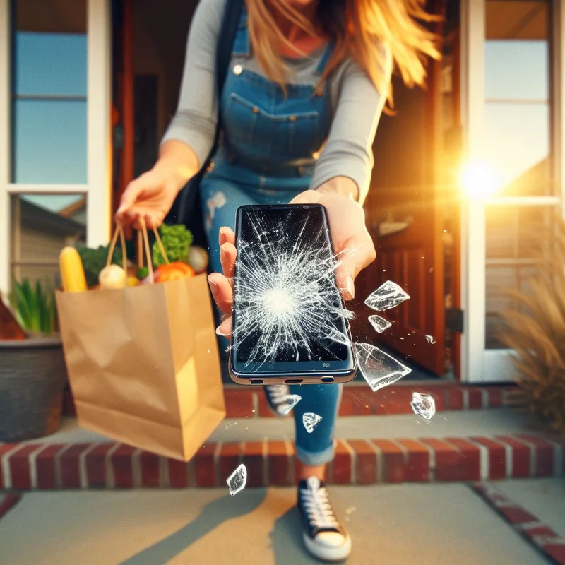 A woman holding a phone with broken glass, desperately in need of Twomey PC Repair services.