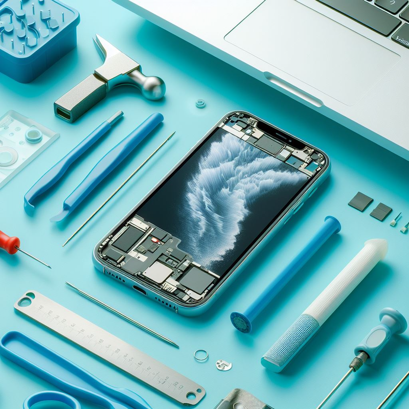An iPhone is laying out on a blue surface with tools around it for Phone Repair.