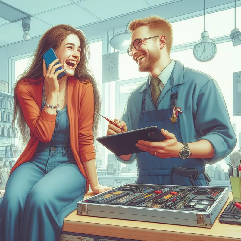 A man and woman are having a conversation on the phone while waiting for a battery replacement at a repair shop.