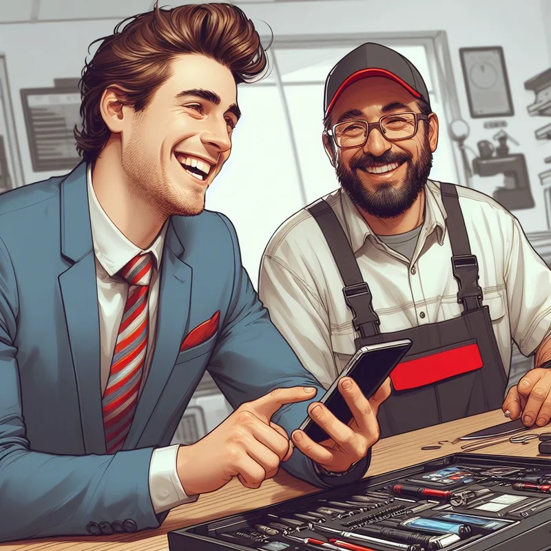 Two men sitting at a table with a cell phone, discussing battery replacement options.