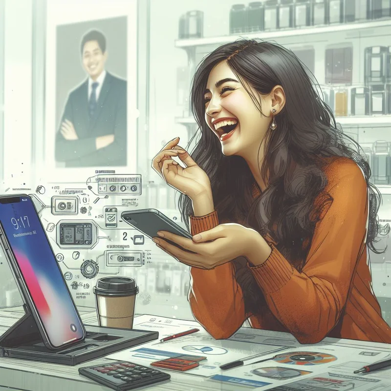 A woman is sitting at a desk with options for phone battery replacement on her mind as she holds a phone in her hand.