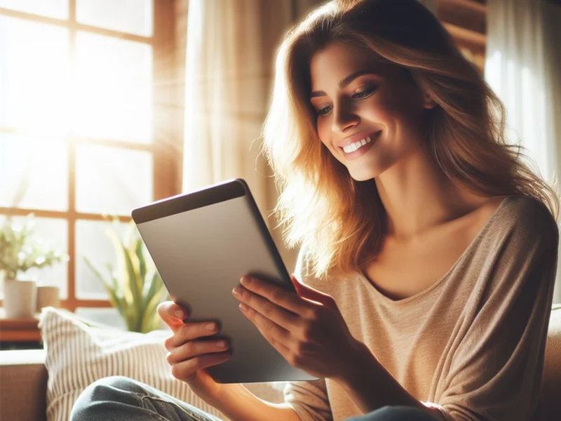 A young woman is sitting on a couch and using a tablet computer.