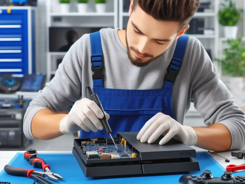 A man is repairing an Xbox console at Twomey PC Repair in Highland, Arkansas.