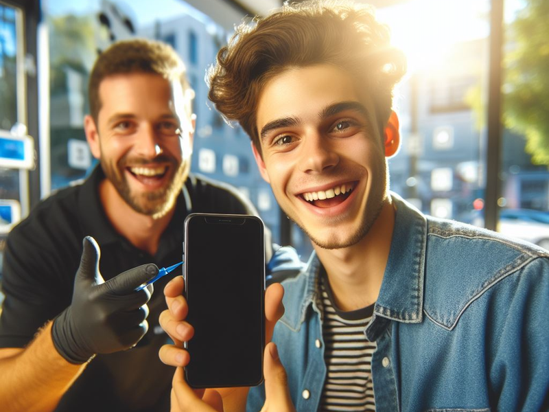 Two smiling men, one pointing at a smartphone held by the other, during a Tech Revive phone screen repair session.