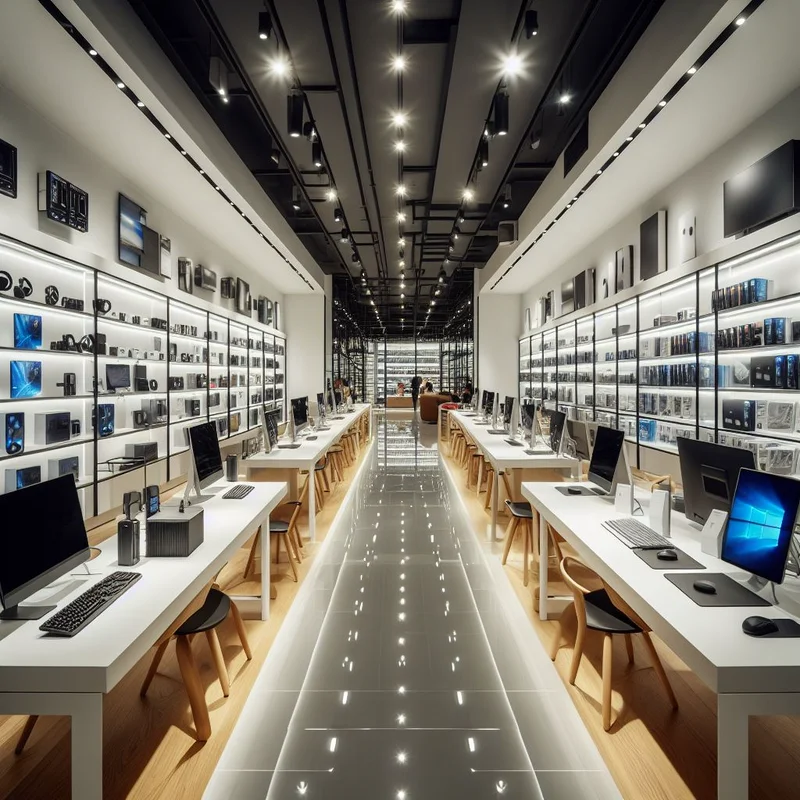 Modern electronics store interior with an array of digital devices on display, including services from Twomey PC Repair for computer repair, and customers browsing.