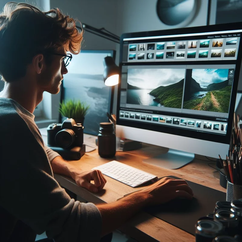 Photographer editing Highland landscape images on a computer in a dimly lit room.