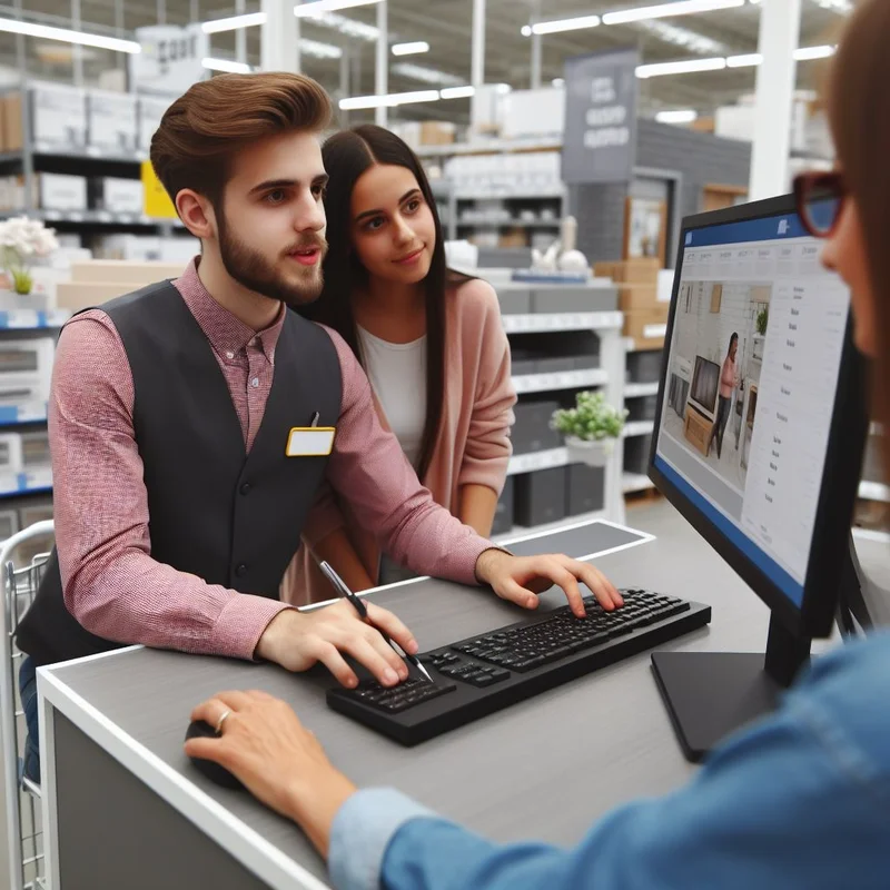 Two customers consult with a Twomey PC Repair employee who is using a computer at a service desk.