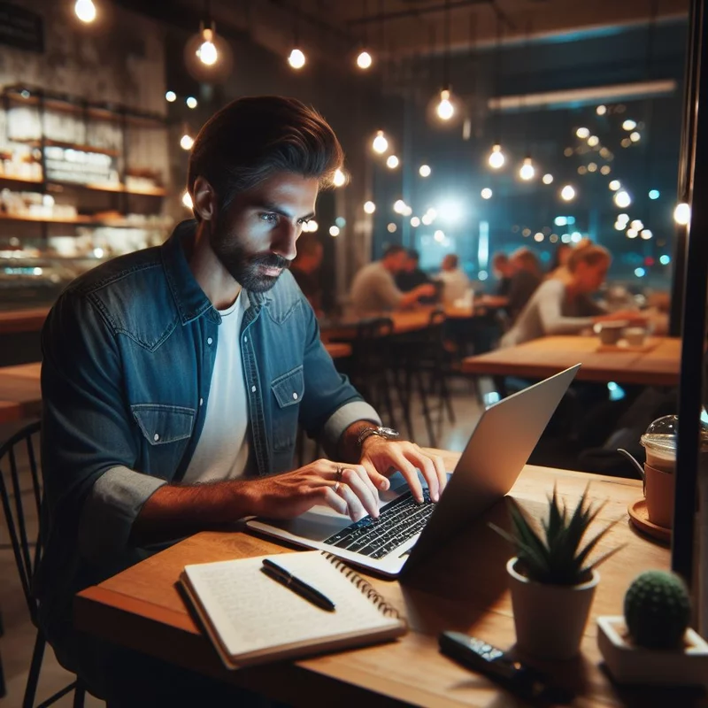 Man working on laptop in a dimly lit cafe at night, waiting for his appointment with Twomey PC Repair in Highland AR.