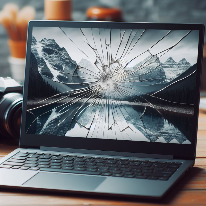 A laptop in need of PC Repairs, with a broken screen on a wooden table.