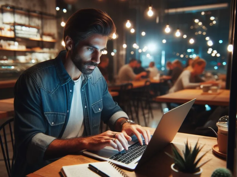 A man with a beard works on his laptop in a dimly lit café, focused on website design, with notebooks and a plant on the table. Other patrons are seen in the background.