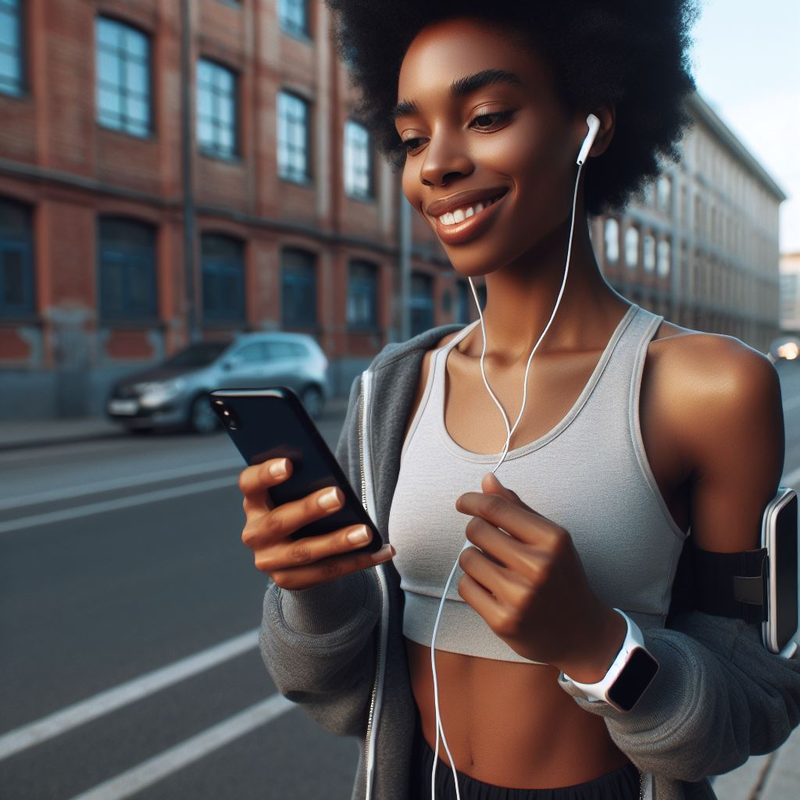 Woman with earphones unlocking her phone while jogging in the city.