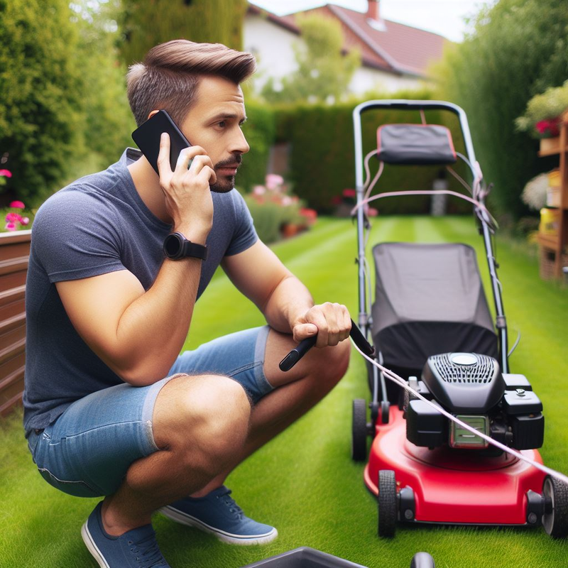 Man talking on the phone while kneeling next to a charging lawnmower in a garden.