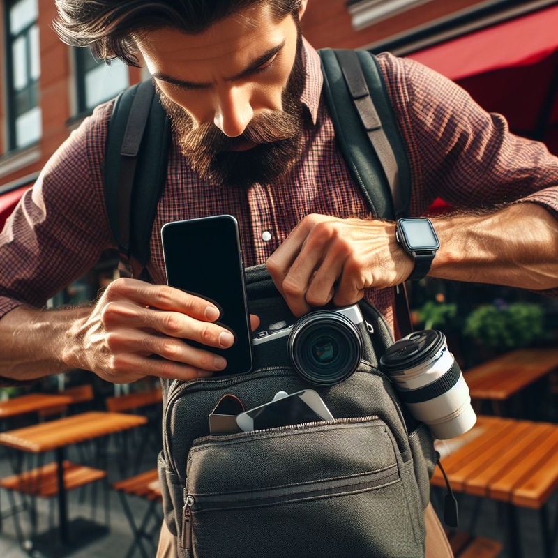 Bearded man with camera and coffee cup unlocking his phone to check messages.
