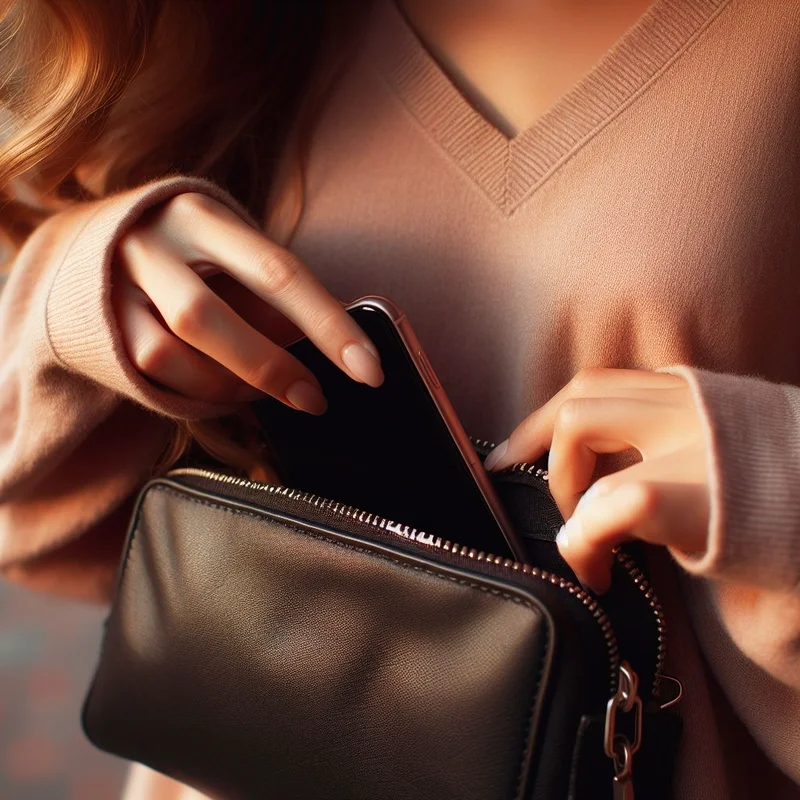 A woman unlocking her phone after retrieving it from her purse.