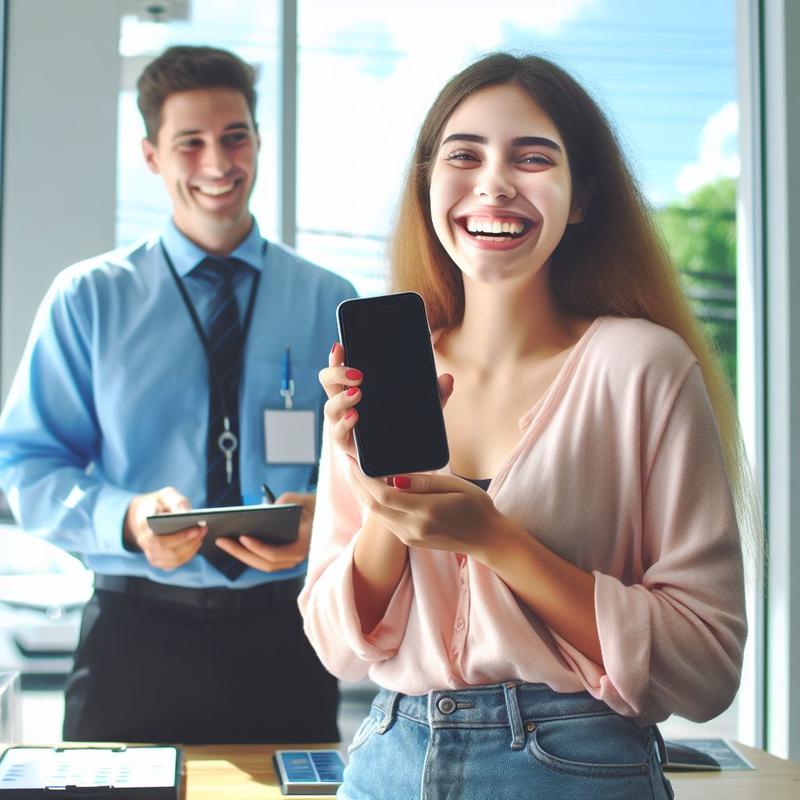 A smiling woman holding a smartphone with a male sales assistant from Tech Revive holding a tablet in the background.
