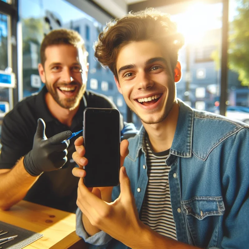 Two men smiling in a shop, with one holding up a smartphone and the other pointing to it. One man, possibly working there as indicated by his gloves, seems to be excited about their latest cellphone repair. Sunlight filters through the window in the background.