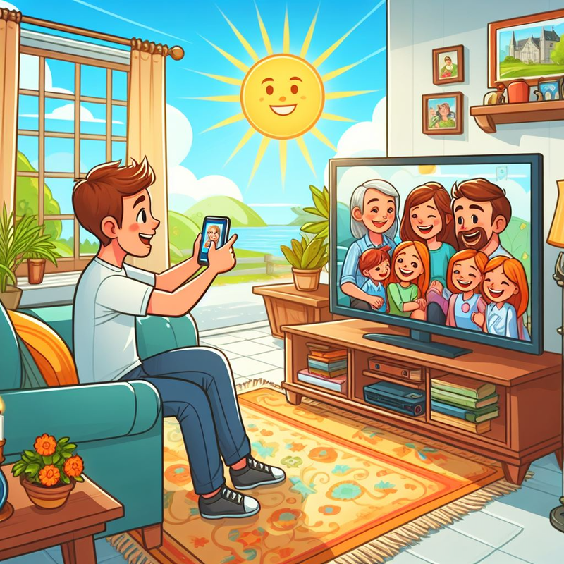 A man sits on a sofa taking a photo with his phone, in need of Tech Revive's phone screen repair, of his family who are displayed on a television screen in a sunny living room.